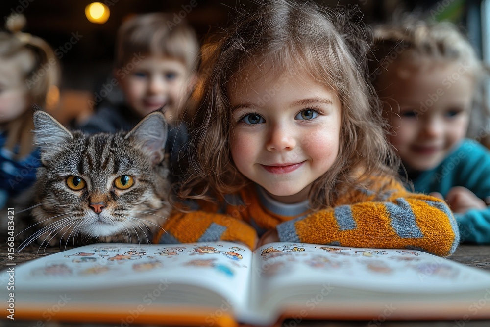 Poster child reading a book with a cat and friends in the background