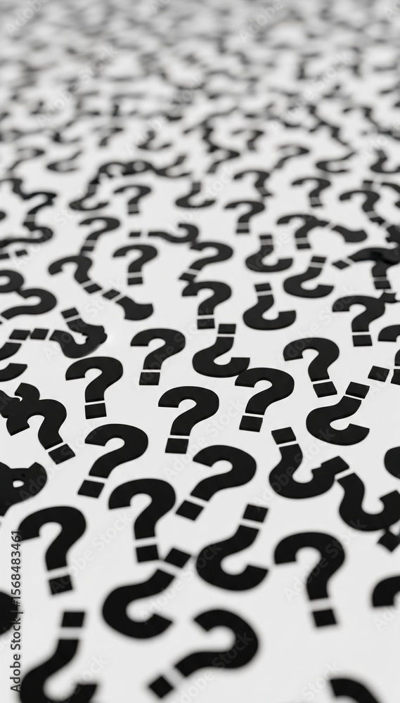 Poster Numerous black question marks scattered on white background, creating a pattern suggesting uncertainty, inquiry, or problem-solving concept
