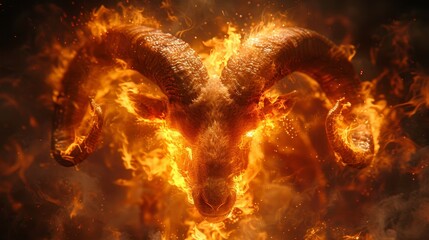 Ram head engulfed in swirling flames and smoke. Powerful, intense, fiery composition