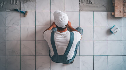 Man installing marble tiles on a floor, viewed from above