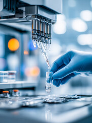 Laboratory scientist filling a test tube with liquid in a modern lab setting