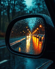 Rainy evening reflected in a car's side mirror with blurred city lights