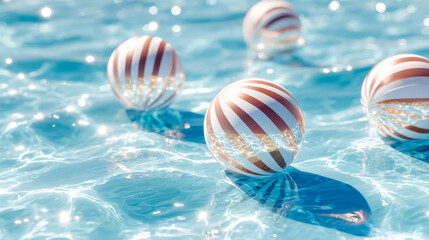Colorful striped balls floating on a sparkling swimming pool