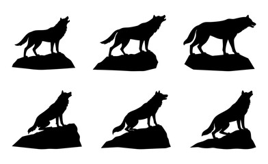 Majestic Black Wolf Silhouettes on Rocks Vector Icons. wolf, howl, silhouette, rock, wilderness, nature, canine, pack, leader, night, moon, mountain, black, vector, icon, graphic, symbol, animal.