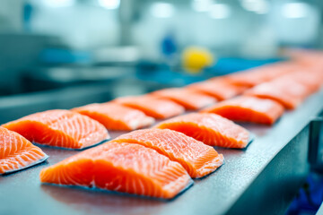Fresh salmon fillets arranged on a preparation table in a seafood processing facility