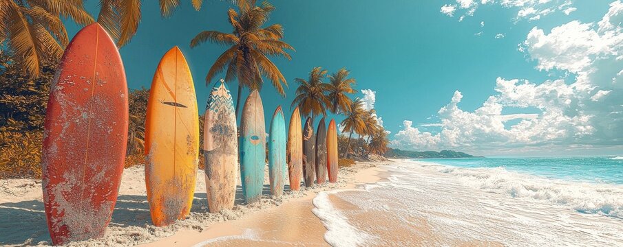 A lineup of colorful surfboards on a sandy beach with palm trees - Powered by Adobe
