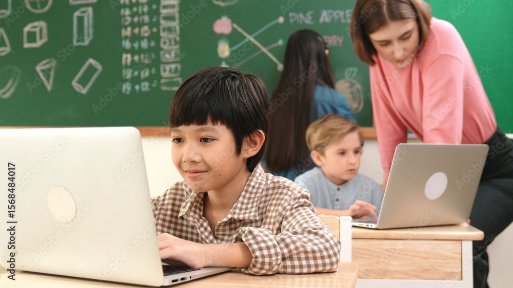 Poster cute boy coding engineering prompt while attractive girl drawing picture at blackboard. caucasian bo