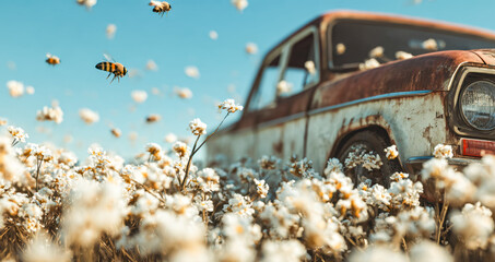 Abandoned vintage car in a blooming flower field under a clear blue sky