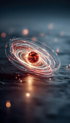Cosmic event with glowing fiery sphere surrounded by luminous rings in a dark, reflective landscape