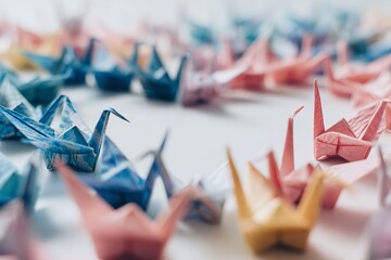 Colorful origami cranes arranged beautifully on a flat surface during a creative crafting session