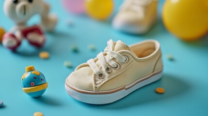 Cute baby shoes with toys are on a blue surface.
