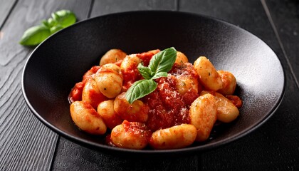 black bowl of gnocchi with tomato sauce and basil