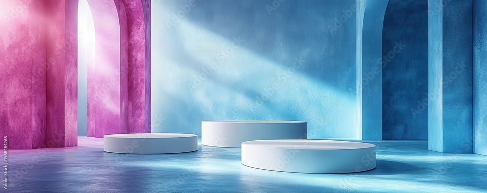 Poster modern minimalist architecture with curving arches and vibrant lighting