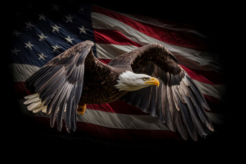 Majestic bald eagle soaring against a patriotic American flag background