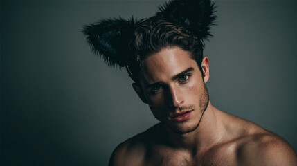 Stylish young man with animal ears headband posing against a dark background