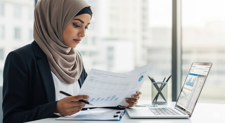 Executive Indian or Arab businesswoman in hijab working at desk with documents and laptop, analyzing financial data in a modern office environment.
