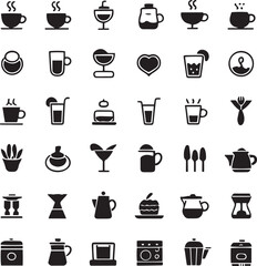 Standard Cafe and Coffee Shop Icon Collection – Minimalist Beverage, Food, and Interior Symbols for Menus, Signage, and Branding

