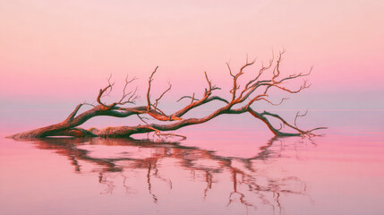 Serene scene of a fallen tree reflected in calm pink-hued waters at sunset