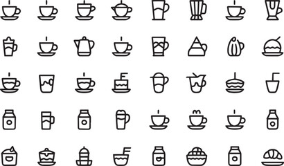 Standard Cafe and Coffee Shop Icon Collection – Minimalist Beverage, Food, and Interior Symbols for Menus, Signage, and Branding

