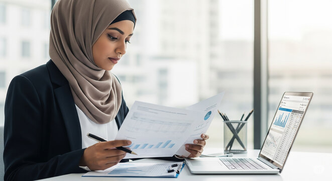 Executive Indian or Arab businesswoman in hijab working at desk with documents and laptop, analyzing financial data in a modern office environment. - Powered by Adobe
