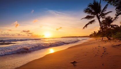 serene sunset beach scene tranquil ocean waves palm trees and sandy shores