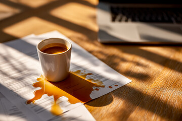 Spill of coffee on documents creating a messy workspace scene