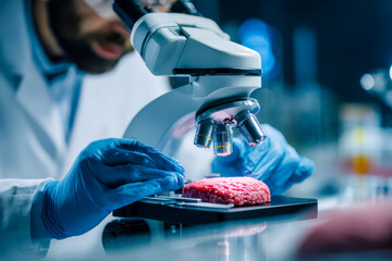 Scientist examining meat sample under a microscope in a laboratory