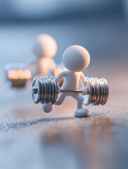Small humanoid figure lifting a metallic dumbbell in a minimalistic setting