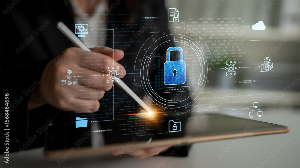 Poster cyber security protects against breaches, hacks, and network attacks using strong infrastructure and