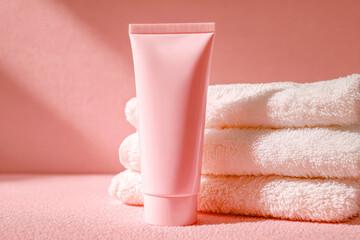Soft pink skincare lotion with plush towels on a pastel background