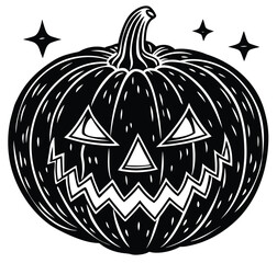 Spooky Halloween Pumpkin Illustration Black and White Jack-o'-Lantern Design for Autumn Decorations,  Prints, and Digital Art Projects
