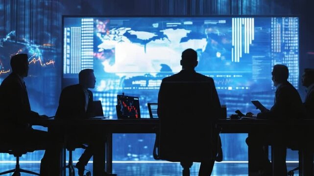 Corporate executives reviewing financial data during a high-stakes meeting and strategy session