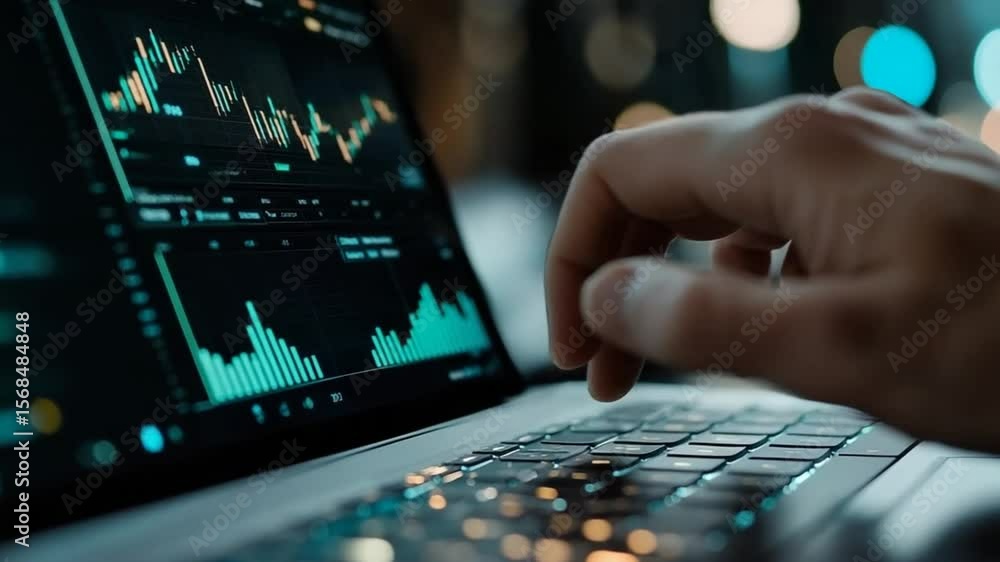 Poster close-up view of stock trader analyzing charts on laptop for financial growth