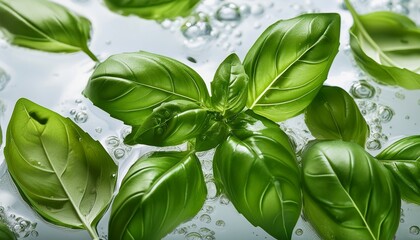 Obraz premium close up of green basil leaves in water