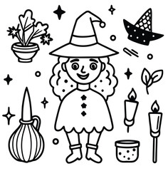 Whimsical Witchy Wares Line Art Illustrations of a Cute Witch and Magical Items