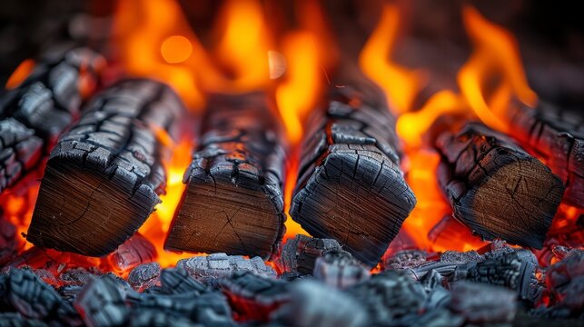 Burning logs, glowing embers. Close-up of flames flickering over charred wood in a fire pit