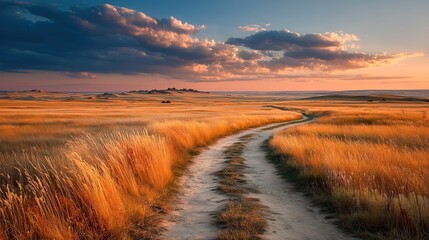 A winding country road through a golden field at sunset, symbolizing a life journey or path forward.