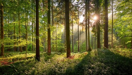 sunlight filters through the leaves of tall trees in a lush forest as the sky provides a stunning backdrop in a peaceful setting during daytime hours