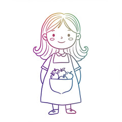Young girl smiling while holding fruits in a pocketed apron  
