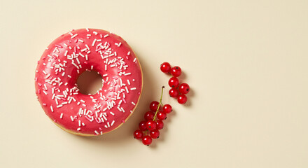 Pink frosted donut with sprinkles and red currants on beige background  