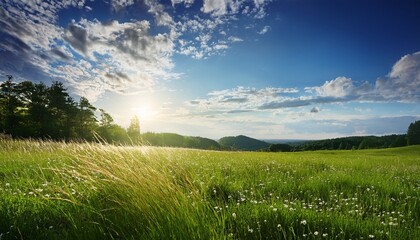 Obraz premium sky kissed meadow an expansive sun drenched meadow its long lush grass swaying in the gentle breeze evokes a feeling of peace and freedom under a bright cloud dotted sky