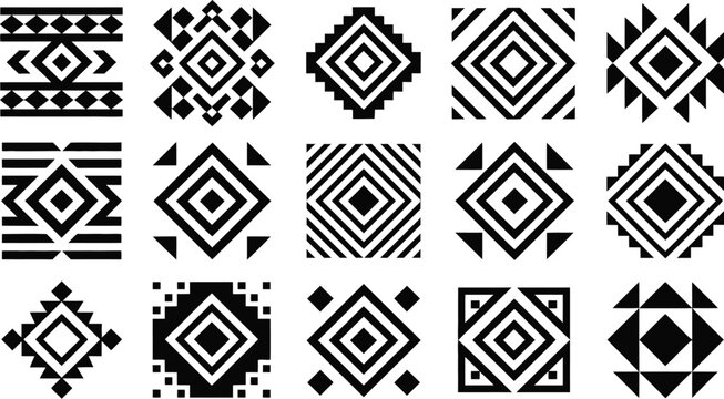 Collection of fifteen black and white aztec inspired geometric diamond pattern illustrations