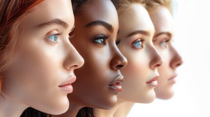 Diverse faces in profile, showing varying skin tones, minimal makeup, light background