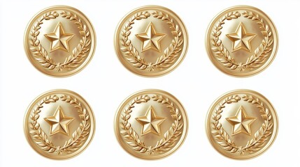Gold medals with laurel leaves and star shapes. Realistic 3D golden circles for winners, anniversaries, or big celebrations. Isolated on white background.
