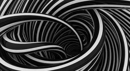 Abstract image of black and white striped curves creating a vortex effect Symbolizes depth, movement, and optical illusion Suitable for design or tech concepts