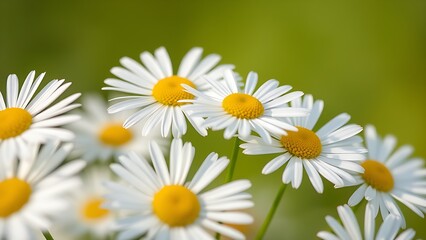 Close-up of fresh daisies with a soft green backdrop, natural light enhancing their delicate beauty.