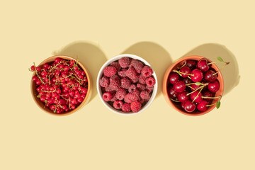 Red fruits of currants, raspberries and cherries in bowls. Health concept. Copy space