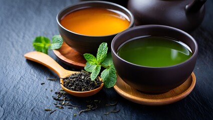 Still life of green tea and herbal tea with mint leaves and tea pot photography