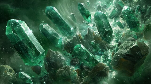 Floating emerald crystals cluster with rough rock fragments amidst hazy green light