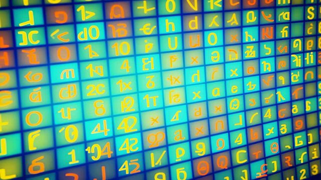 Grid of glowing alphanumeric characters on a blue background